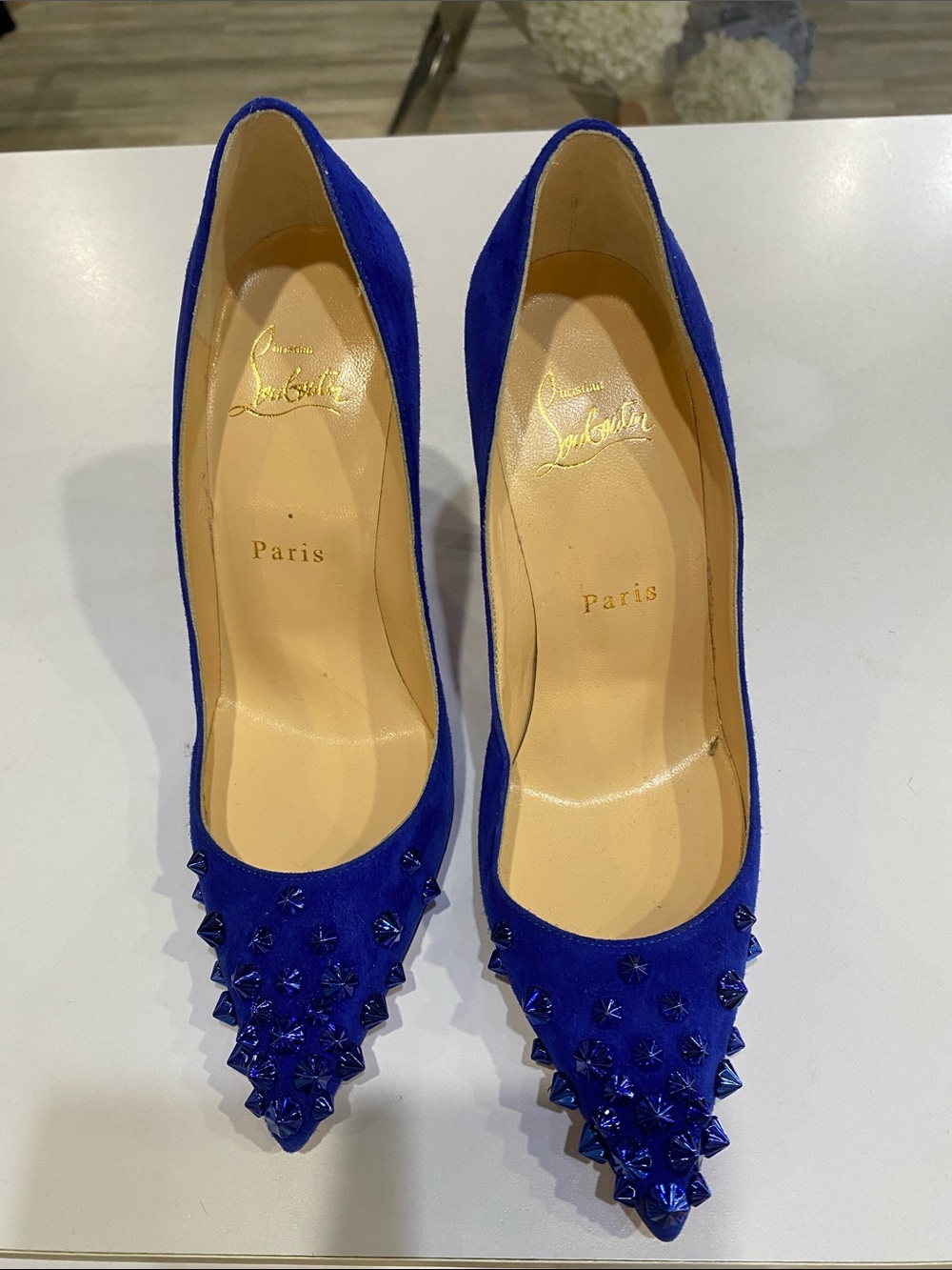Christian Louboutin Royal Blue Suede Studded Pointed Pumps